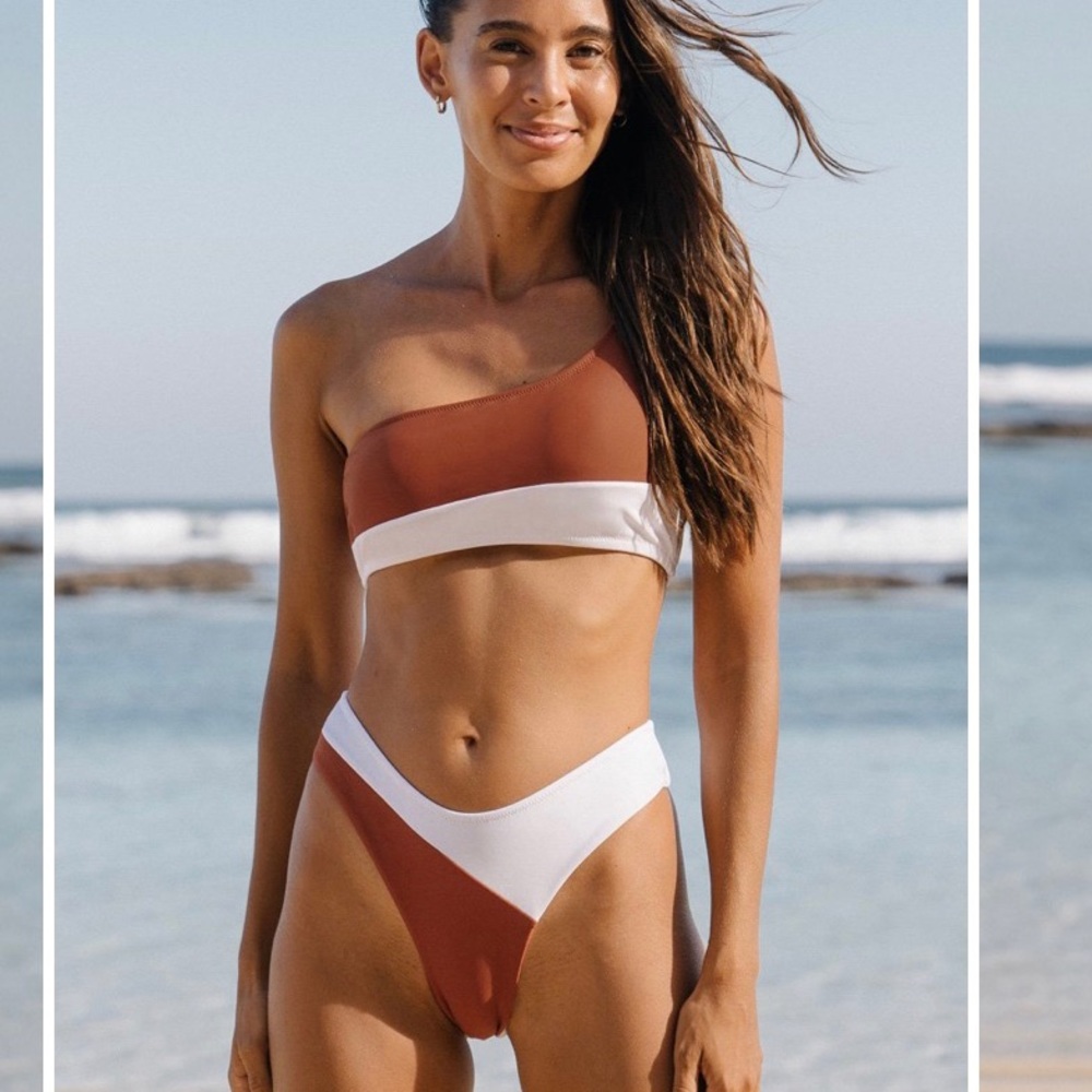 Popvil one shoulder high cut bikini set burnt orange and white Large